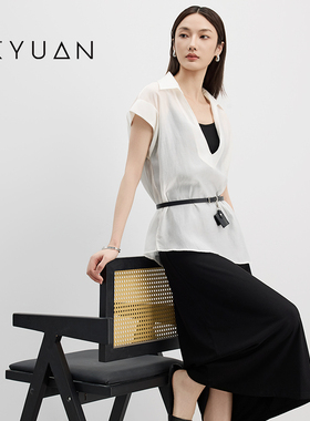 金苑2025夏季新款时尚套装短袖v领衬衫吊带连衣裙两件套女G252189