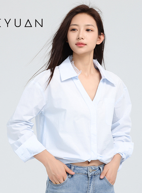 金苑短款衬衫女2025夏季新款设计感蕾丝拼接V领上衣A252101