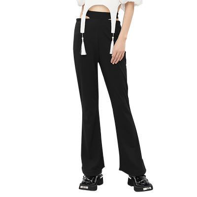 金苑黑色设计感喇叭休闲裤