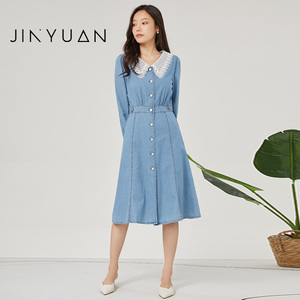 金苑连衣裙女春季新款时尚气质减龄牛仔翻领长袖裙子G221107