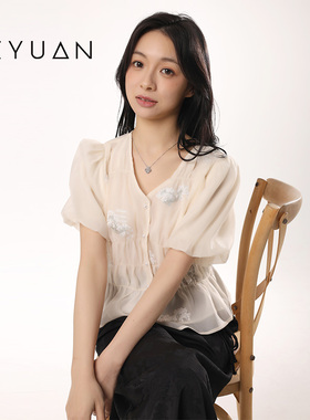 金苑刺绣雪纺衬衫新中式女国风漂亮小衫新款上衣A242105