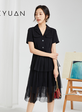 金苑连衣裙女夏季新款收腰拼接通勤小黑裙设计感小众G222103