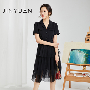金苑连衣裙女夏季新款收腰拼接通勤小黑裙设计感小众G222103