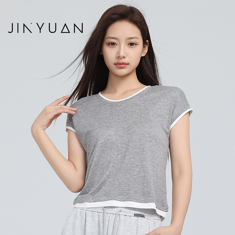 金苑灰色短袖t恤女2025夏季新品设计感小众撞色拼接上衣女F252108