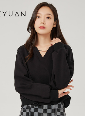 金苑黑色卫衣女春季新款休闲时尚宽松洋气v领女士上衣F221110