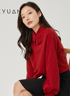 金苑卫衣女春季新款宽松复古慵懒时尚红色短款上衣女F221109