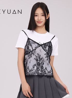 金苑两件套蕾丝吊带背心短袖T恤女夏季新款减龄百搭上衣F242119
