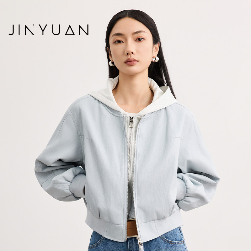 金苑棒球服PU皮外套假两件连帽2026年春季新款韩版百搭D261106