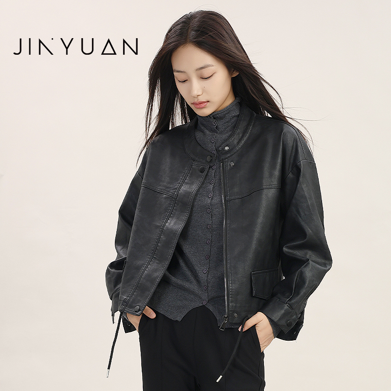 金苑复古美式皮衣夹克外套女秋季甜酷风机车PU皮宽松上衣D243112