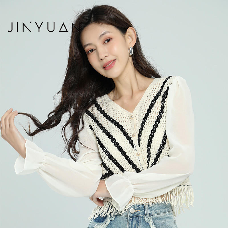 金苑雪纺衫女2023夏季新款V领甜美拼接网纱流苏长袖条纹A232109