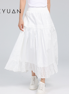 金苑刺绣裙摆小白裙2025夏季新款松紧腰甜美A字半身裙女B252101