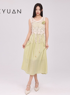 金苑绿色连衣裙叠穿背心罩衫夏季宽松休闲裙子套装G242207
