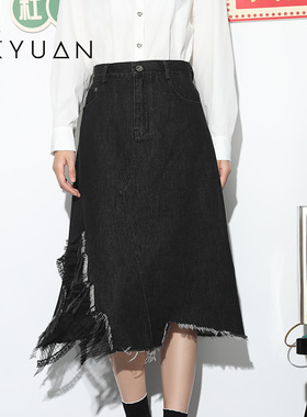金苑裙子女秋季新款时尚潮流设计感开叉牛仔半身长裙B223112