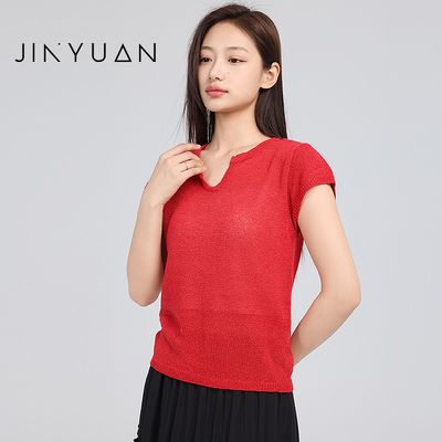 金苑法式v领短袖针织衫女夏季2025新款高级感宽松显瘦上衣H252130