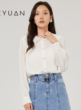 金苑雪纺衫女春季新款宽松时尚气质潮流翻领白色上衣A221122