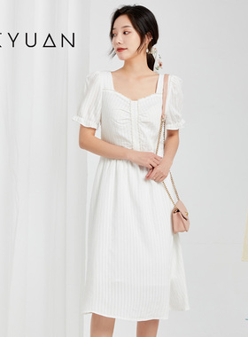 金苑白色连衣裙女夏新款气质收腰a字温柔风泡泡袖长裙G222117