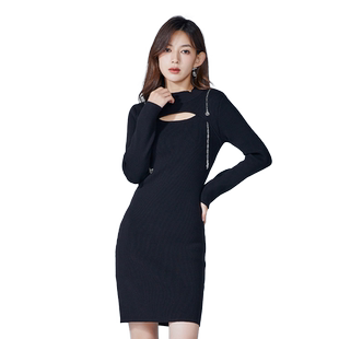 金苑针织连衣裙女冬季中长款打底衫小个子黑色包臀裙G225106