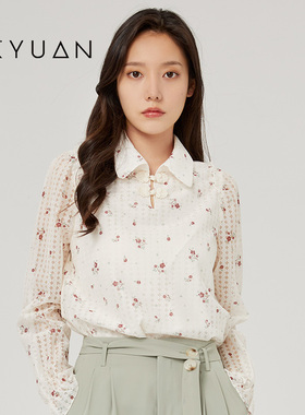金苑衬衫女春季新款宽松时尚复古翻领设计感碎花上衣A221113