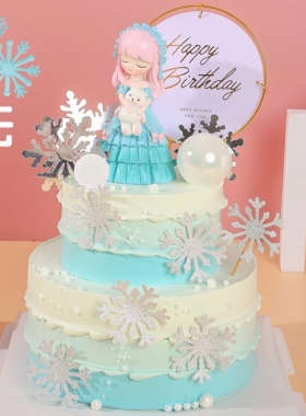 冰之魔法蓝色贝蒂公主蛋糕装饰摆件雪花幻彩球女神儿童生日插件牌