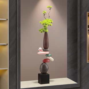 客厅细长竖条花瓶摆件入户玄关陶瓷高级感壁龛开放格插花艺术装饰