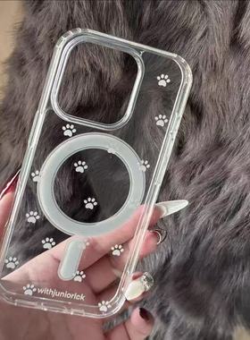 白色小猫爪适用苹果16promax磁吸iPhone14Plus手机壳12/11透明7/8小众