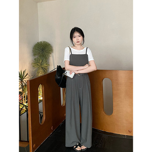 MYOU自制 150小个子微宽松显瘦阔腿吊带连体裤女高级感灰色背带裤