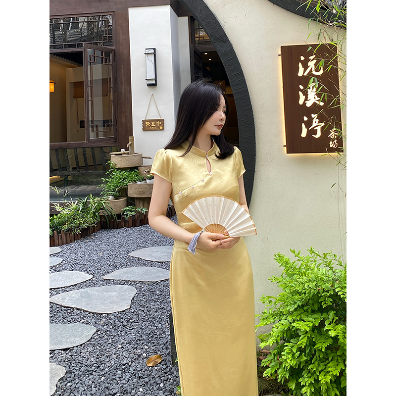 MYOU自制 新中式缎面连衣裙女150小个子气质温婉显瘦改良旗袍女