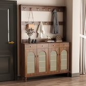 实木藤编鞋 入户收纳柜子 柜带挂衣架家用门口一体衣帽架覆古新中式