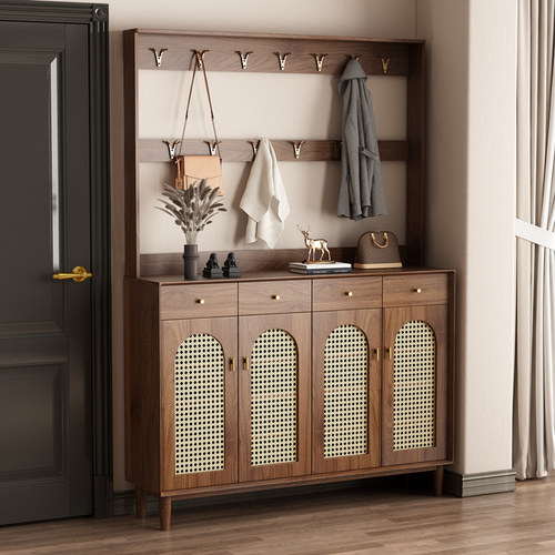 实木藤编鞋柜带挂衣架