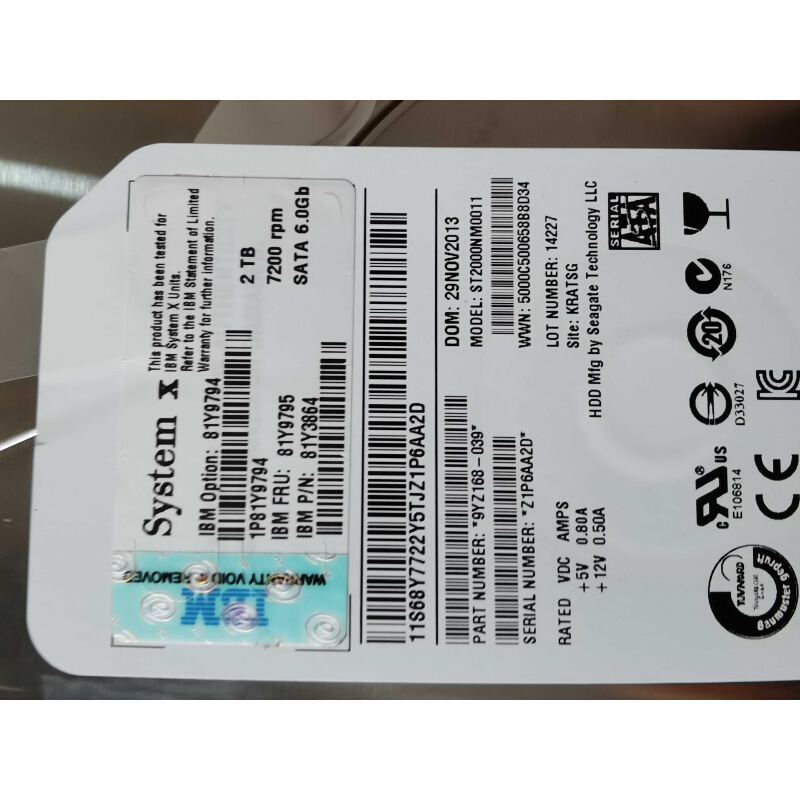 81Y9794 81Y9795 81Y3864 2TB 7.2K 6Gb SATA 3.5 G2HS hot-swap