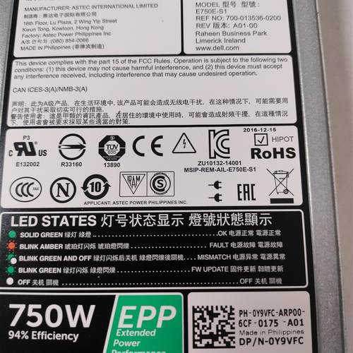 戴尔 Dell R530/R630/R730/R730XD/ T430/T630 750W电源  0Y9VFC