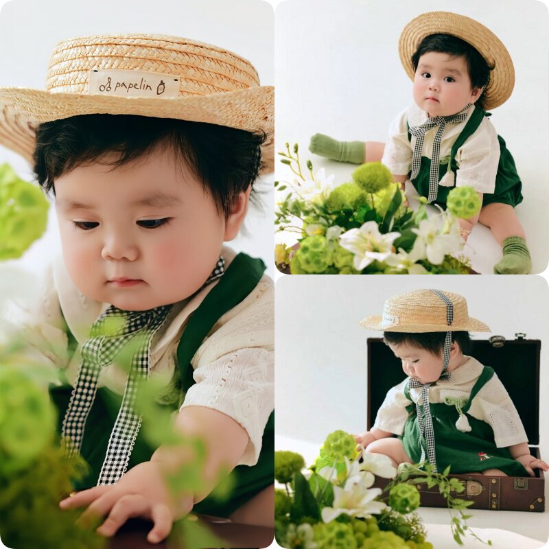 新款绿色小清新宝宝百天周岁照青提春日主题草帽道具影楼艺术照