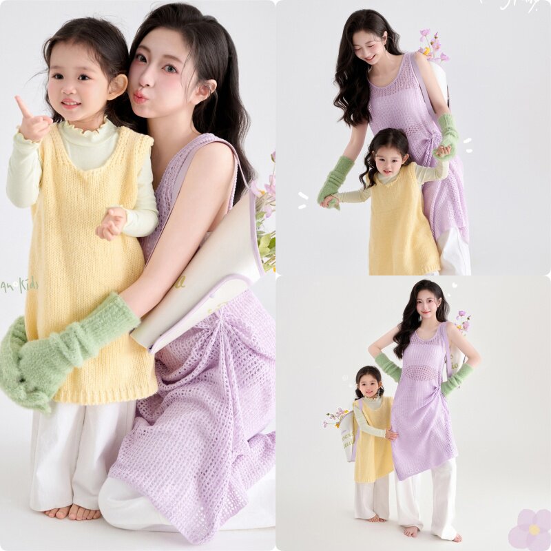 儿童摄影亲子装母女装春天紫色裙子影楼全家福写真艺术照拍照道具