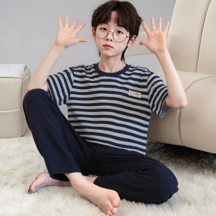 男童睡衣男孩夏季新款纯棉大童短袖长裤条纹青少年初中生半袖2026