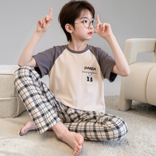 男孩睡衣夏季纯棉短袖长裤卡通男童青少年半袖中大童学生2026新款