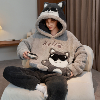 睡衣青少年男初中学生秋珊瑚绒加厚加绒男款二次元风大童卡通冬季