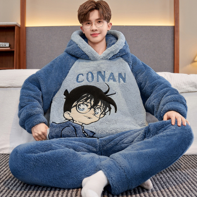 睡衣男童青少年初中学生珊瑚绒12卡通柯南2025新款秋冬季15岁厚款