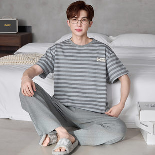 男款2026新款睡衣短袖长裤大童高级感条纹纯棉男孩青少年学生夏季