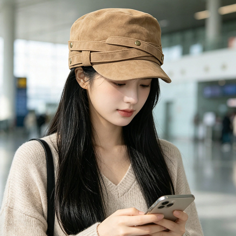 秋冬新款麂皮绒海军帽子女交叉铆钉皮带扣平顶八角帽鸭舌贝雷帽潮