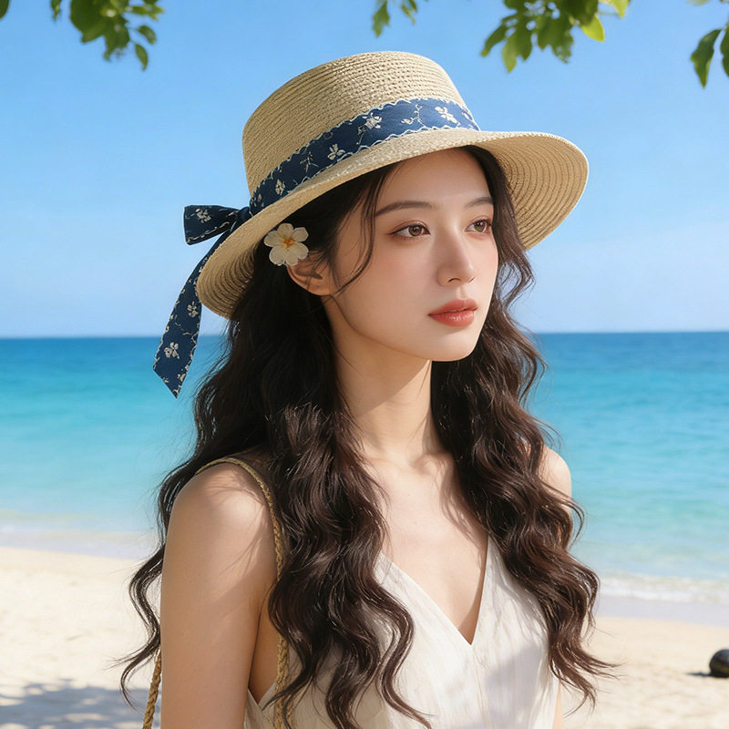 草帽女夏碎花赫本名媛风平顶帽法式复古礼帽遮阳防晒度假帽子日系