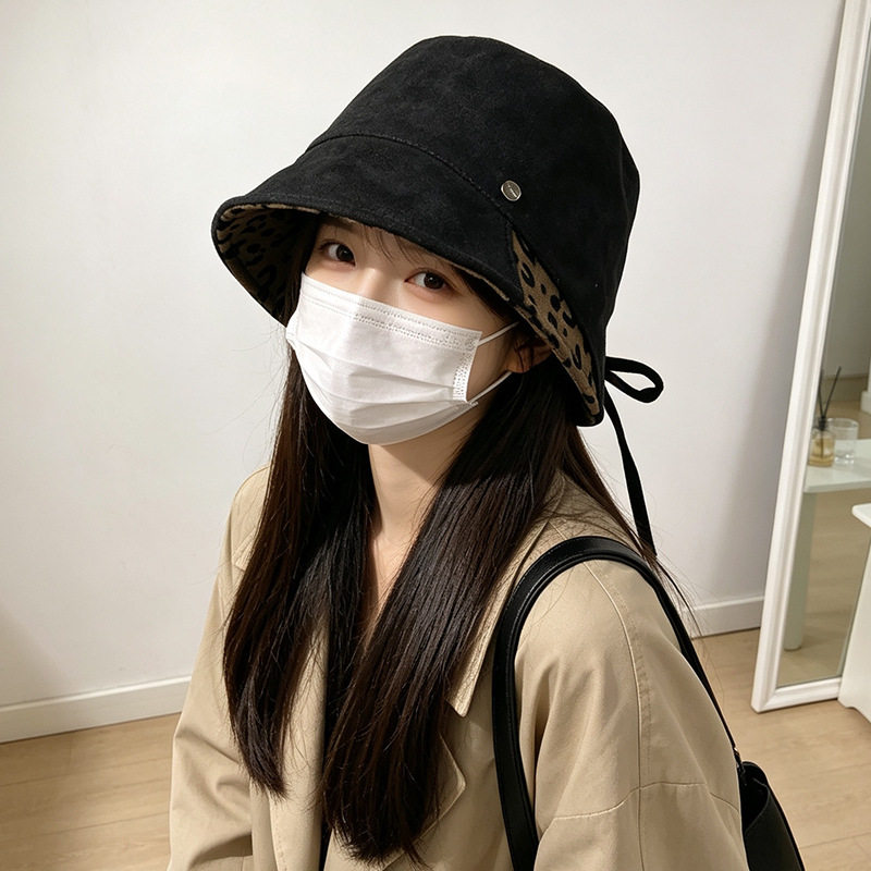 麂皮绒双面戴渔夫帽女豹纹后系带水桶盆帽美拉德复古秋冬新款帽子