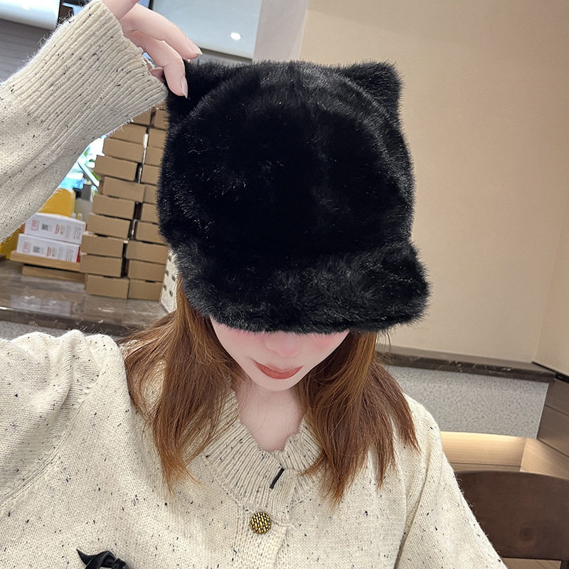 韩国可爱猫耳朵毛绒棒球帽子女冬天卡通尾巴棒球帽圆脸适合