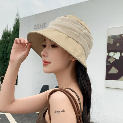 韩版百搭宽檐防晒盆帽显脸小户外太阳帽防紫外线褶皱渔夫帽子女