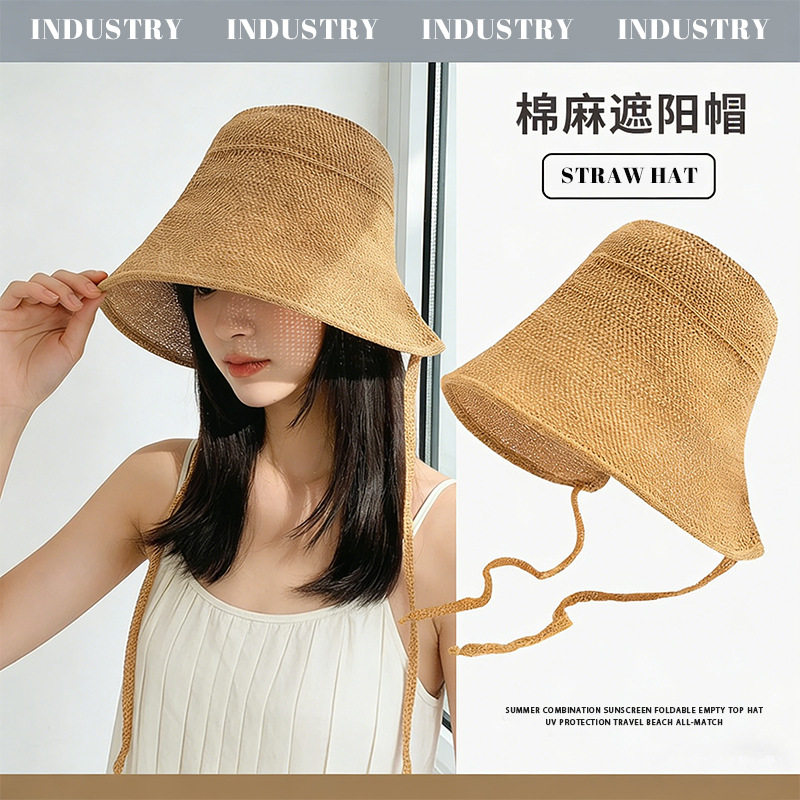 棉麻海边系带草帽子女夏季防晒遮阳帽户外大帽檐沙滩凉帽渔夫帽女