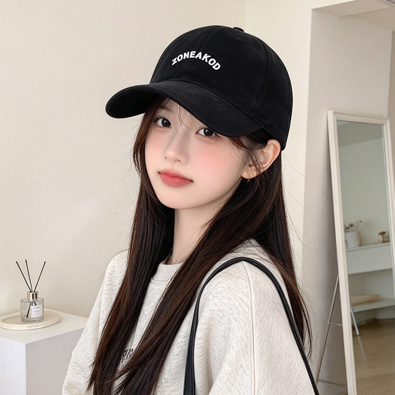 鸭舌帽子女新款纯色系弧形字母刺绣弯檐棒球帽大头围显脸小遮阳帽
