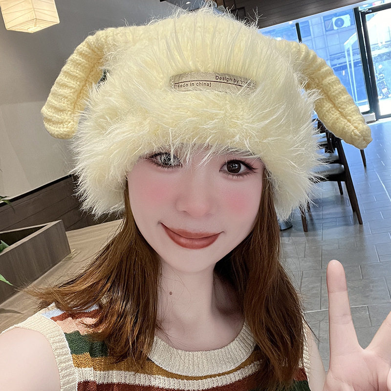 秋冬甜美可爱毛绒针织毛线帽子女加厚保暖防寒小怪兽毛茸茸雷锋