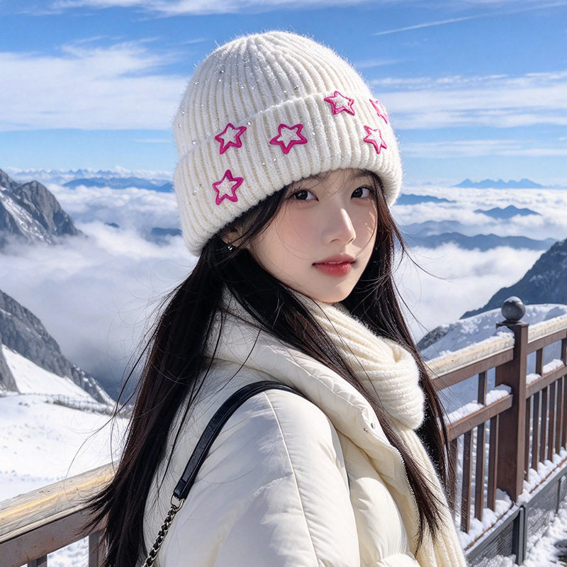 秋冬新款帽子女甜酷辣妹五角星针织冷帽亮片护耳保暖显脸小毛线帽