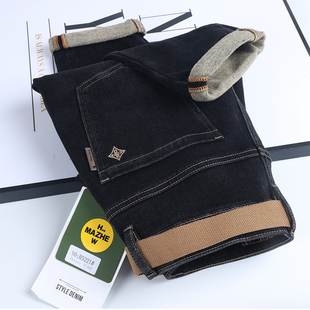 九分版型小脚修身款男牛仔裤汉玛者H5221黑色冬季底抓毛薄绒磨毛