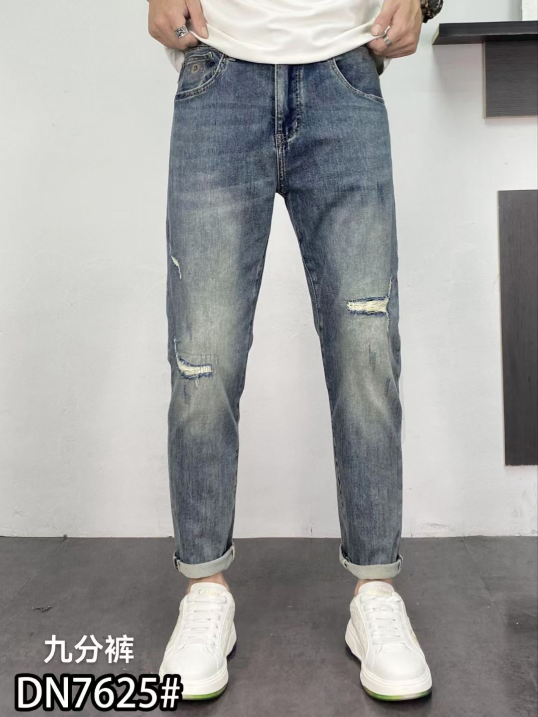 动力牛DN7625九分裤复古水洗破洞牛仔裤春夏薄款百搭小脚修身韩版