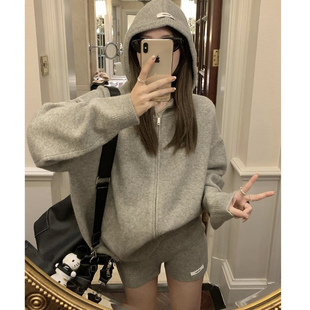 欧美连帽针织开衫 两件套装 女休闲慵懒风宽松毛衣春秋季 百搭短裤